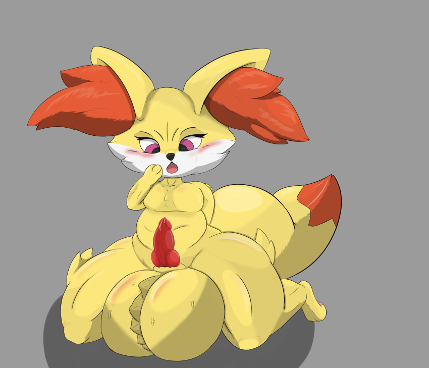 absurd_res animal_genitalia anthro artdumpofeeeee balls big_balls blush bodily_fluids fennekin fluffy generation_6_pokemon genital_fluids genitals hi_res inner_ear_fluff knot male nintendo pokemon pokemon_(species) precum sheath solo tail teeth tuft