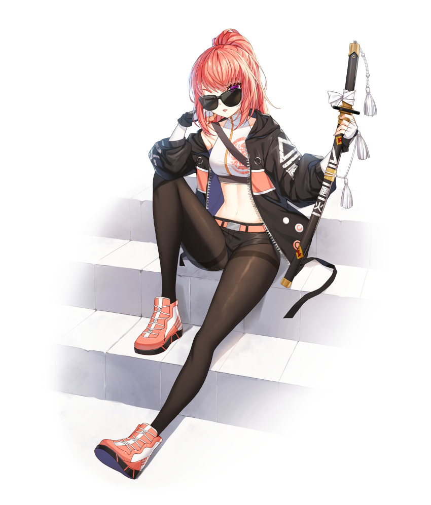 1girl ;p absurdres bare_shoulders belt black_jacket black_shorts breasts brown_pantyhose closers crooked_eyewear crop_top elbow_gloves gloves highres holding holding_sword holding_weapon jacket katana knee_up long_hair long_sleeves looking_at_viewer luna_aegis_(closers) medium_breasts micro_shorts midriff nail_polish navel off_shoulder official_art one_eye_closed open_clothes open_jacket orange_hair pantyhose pink_footwear ponytail purple_eyes sheath sheathed shirt shoes shorts sitting sleeveless sleeveless_shirt sleeveless_turtleneck solo stomach sunglasses sword thighband_pantyhose tongue tongue_out turtleneck weapon white_background white_gloves white_shirt