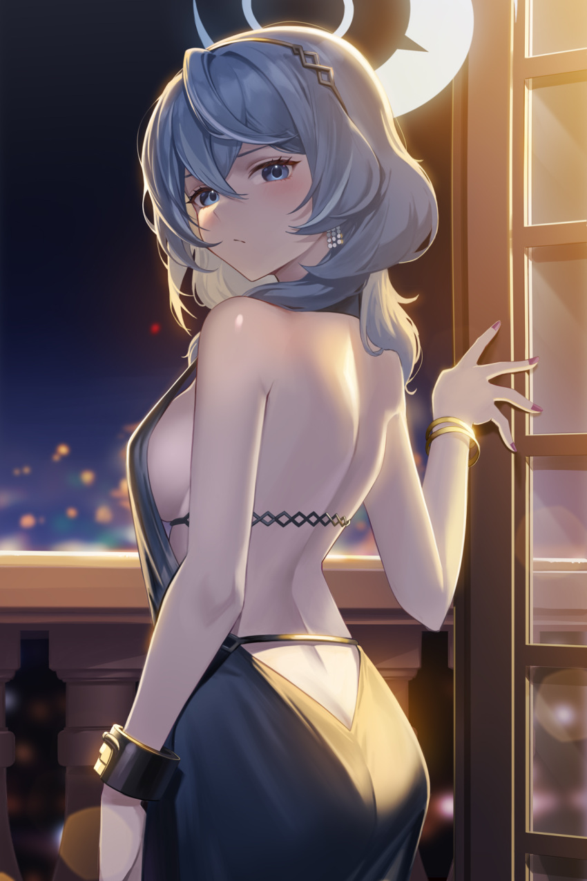 1girl ako_(blue_archive) ako_(dress)_(blue_archive) ass back backless_dress backless_outfit black_hairband blue_archive blue_dress blue_eyes blue_hair blue_halo blush breasts closed_mouth cuffs daika!! door dress earrings hair_between_eyes hairband halo handcuffs highres holding holding_handcuffs jewelry large_breasts long_hair night official_alternate_costume sideboob sleeveless sleeveless_dress solo