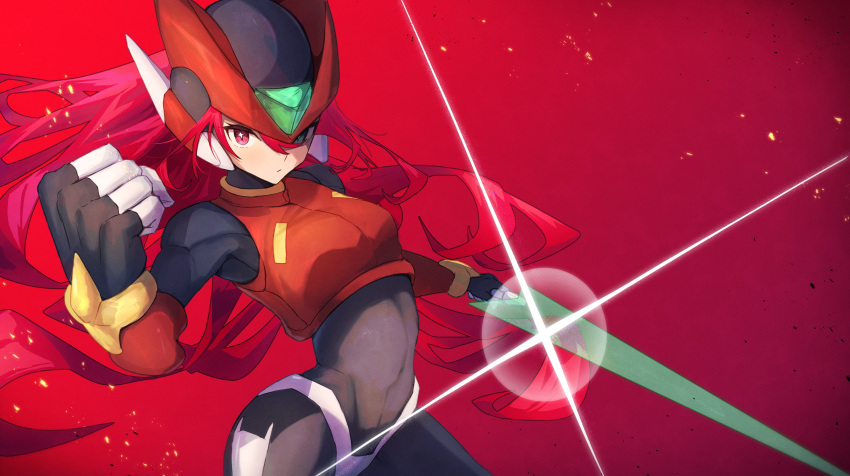 1girl absurdres black_bodysuit bodysuit breasts cosplay crop_top energy_sword getto green_eyes heterochromia highres holding holding_sword holding_weapon hololive hololive_english irys_(hololive) large_breasts mega_man_(series) mega_man_zero_(series) navel purple_hair red_eyes solo star-shaped_pupils star_(symbol) sword symbol-shaped_pupils weapon zero(z)_(mega_man) zero_(mega_man) zero_(mega_man)_(cosplay)