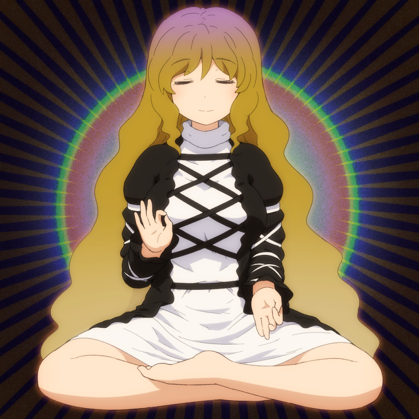 1girl brown_hair closed_eyes closed_mouth dress full_body gradient_hair hijiri_byakuren indian_style layered_dress long_hair long_sleeves multicolored_hair praying purple_hair shirosato sitting smile solo touhou white_dress