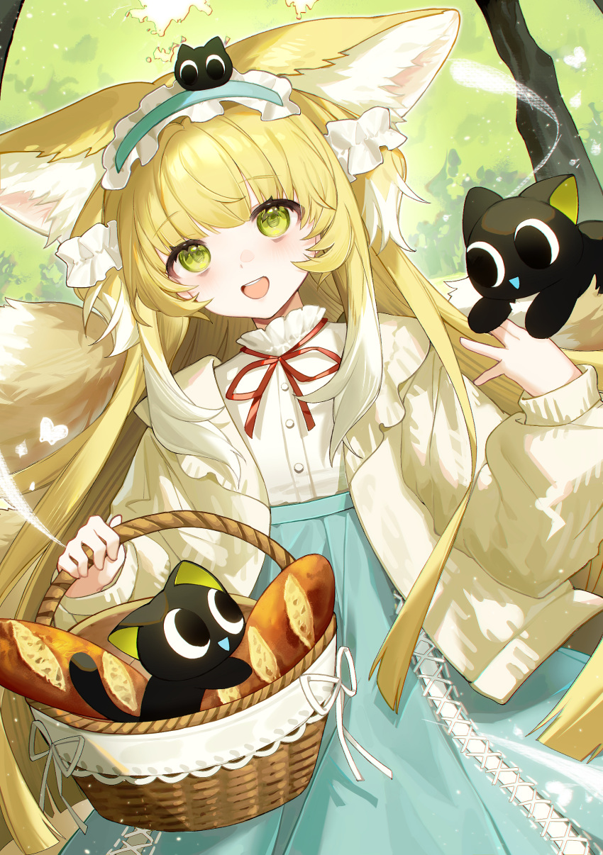 1girl :d absurdres animal animal_ears arknights baguette basket black_cat blonde_hair blue_hairband blue_skirt bread cat commentary_request crossover extra_ears food fox_ears fox_girl fox_tail frilled_hairband frills green_eyes hairband hands_up heixiu high-waist_skirt highres holding holding_basket ilangasa jacket kitsune long_hair long_sleeves looking_at_viewer luo_xiaohei luo_xiaohei_(cat) luo_xiaohei_zhanji multicolored_hair neck_ribbon official_alternate_costume on_head open_clothes open_jacket puffy_long_sleeves puffy_sleeves red_ribbon revision ribbon shirt skirt smile suzuran_(arknights) suzuran_(spring_praise)_(arknights) tail two-tone_hair very_long_hair white_hair white_jacket white_shirt