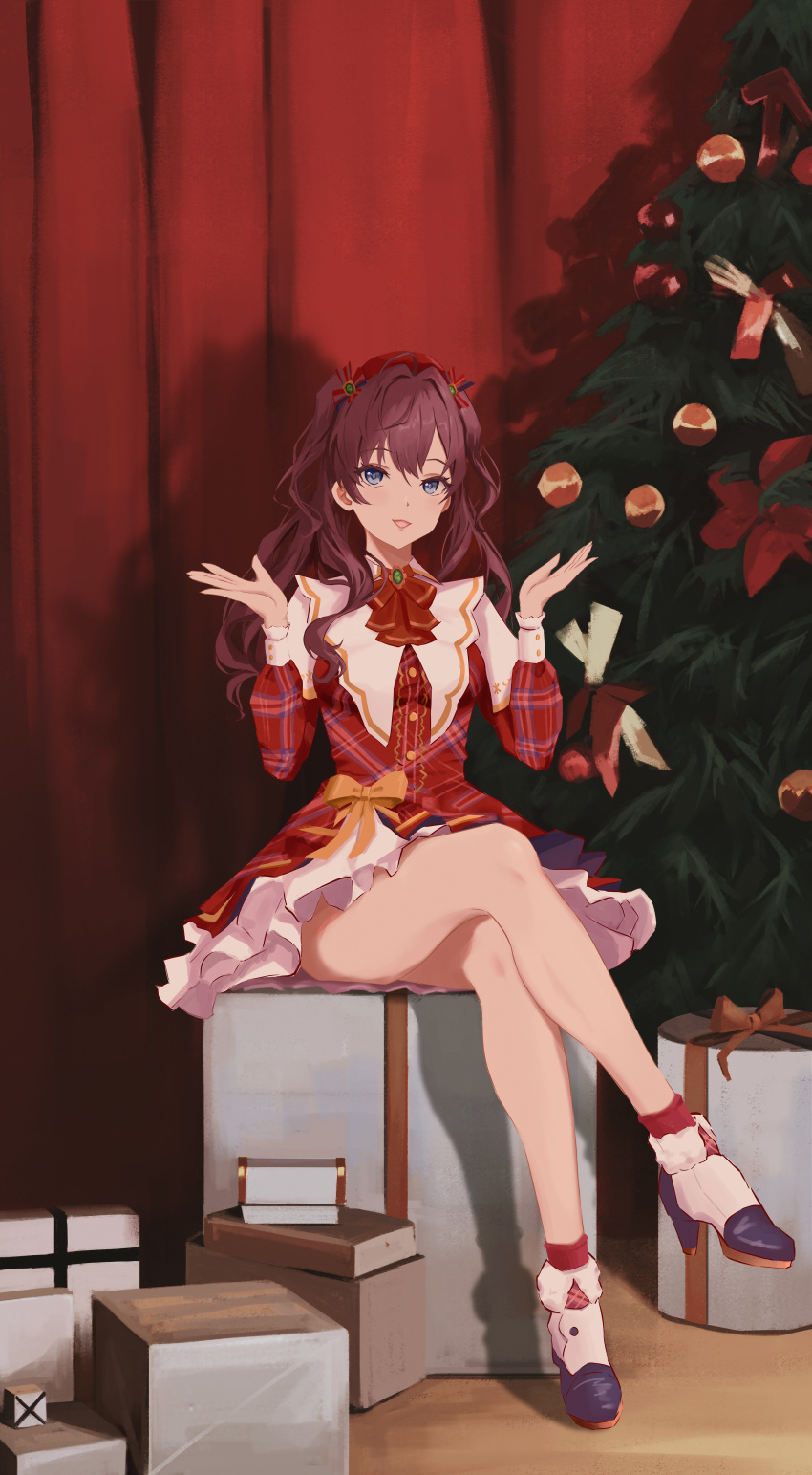 1girl absurdres ascot blue_eyes bow breasts brown_hair christmas christmas_tree crossed_legs dress dress_bow english_commentary gift hair_bow hand_up high_heels highres ichinose_shiki idolmaster idolmaster_cinderella_girls long_hair long_sleeves looking_at_viewer open_hands plaid plaid_dress qingli_ye red_ascot red_dress shadow short_dress sitting sitting_on_object small_breasts smile thighs two_side_up wavy_hair