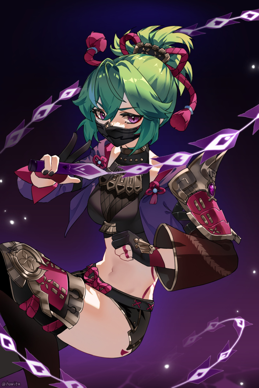 1girl armor artist_name black_gloves black_shirt black_shorts commentary covered_mouth crop_top cropped_jacket feet_out_of_frame flower_knot from_side genshin_impact gloves green_hair hair_between_eyes highres holding holding_weapon jacket japanese_armor jewelry knee_up kuki_shinobu leg_armor looking_at_viewer mask midriff mouth_mask navel ninja_mask open_clothes open_jacket partially_fingerless_gloves ponytail purple_background purple_eyes purple_jacket ring salute shirt short_hair short_shorts shorts shoulder_armor signature sode solo symbol-only_commentary two-finger_salute weapon zhaoshao_wan_harita