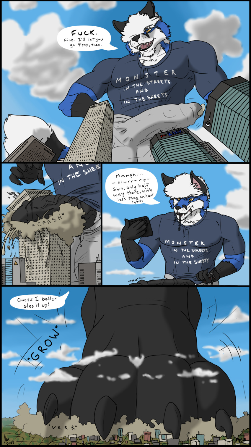 4_panel_comic 4_toes 5_fingers 9:16 anthro big_penis biped black_feet black_finger_claws black_hands black_penis black_toe_claws blue_body blue_clothing blue_shirt blue_t-shirt blue_topwear bottomwear building building_destruction canid canine city city_destruction claws clothing comic destroyed_building dialogue electronics emanata english_text erection feet finger_claws fingers foot_crush fox fully_clothed_anthro fully_clothed_male genitals grey_bottomwear grey_clothing grey_shorts growth hair hi_res holding_object holding_phone huge_penis humanoid_genitalia humanoid_penis landscape_dwarfing low-angle_view macro male mammal onomatopoeia paws penis penis_crush phone plantigrade shirt shorts solex_draconov solexfox solo sound_effects speech_bubble t-shirt text text_on_t-shirt toe_claws toes topwear vein veiny_penis white_hair yellow_eyes