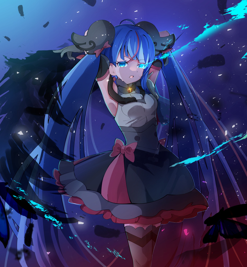 1girl absurdres ahoge armor armpits arms_behind_back arms_up black_dress black_wings blue_eyes blue_hair brooch commentary cowboy_shot cure_sky cut_bangs dark_persona dress earrings feathered_wings frown glowing glowing_eye grey_thighhighs half-closed_eyes highres hirogaru_sky!_precure jewelry long_hair magical_girl multicolored_hair open_mouth pauldrons precure purple_dress red_hair shoulder_armor single_pauldron single_sidelock single_wing sleeveless sleeveless_dress solo sora_harewataru spiked_pauldrons standing streaked_hair sweatdrop thighhighs two-tone_dress very_long_hair wing_brooch wing_hair_ornament wings yuitan_(stlyuitan)