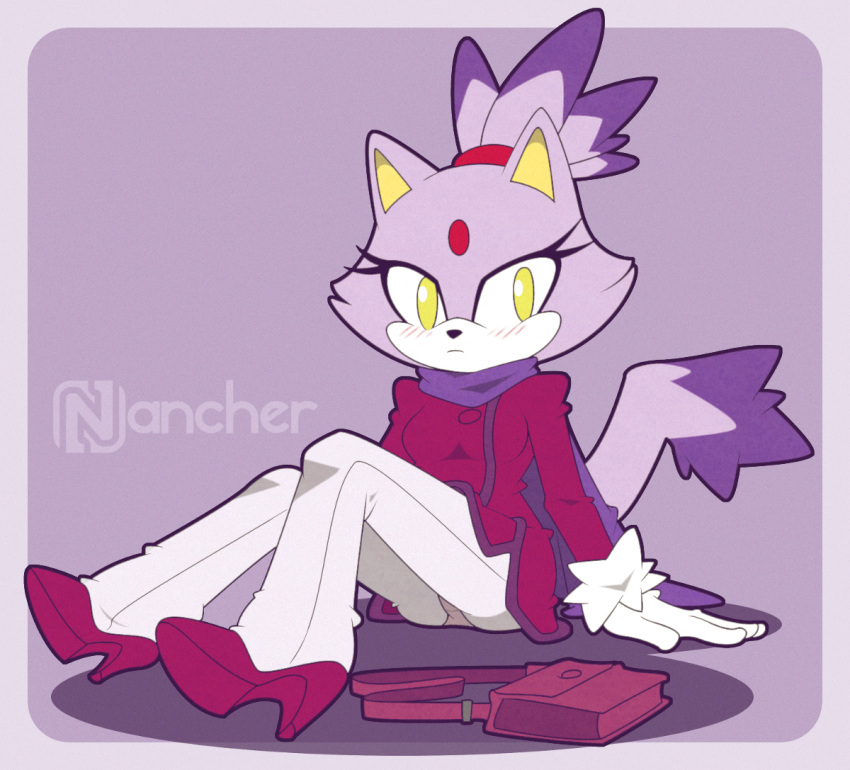 1girl animal_ears bag blaze_the_cat cat_ears cat_girl cat_tail coat forehead_jewel fur-trimmed_gloves fur_trim furry furry_female gloves high_heels looking_at_viewer nancher pants ponytail purple_fur purple_scarf scarf shoulder_bag sonic_(series) tail white_gloves white_pants yellow_eyes