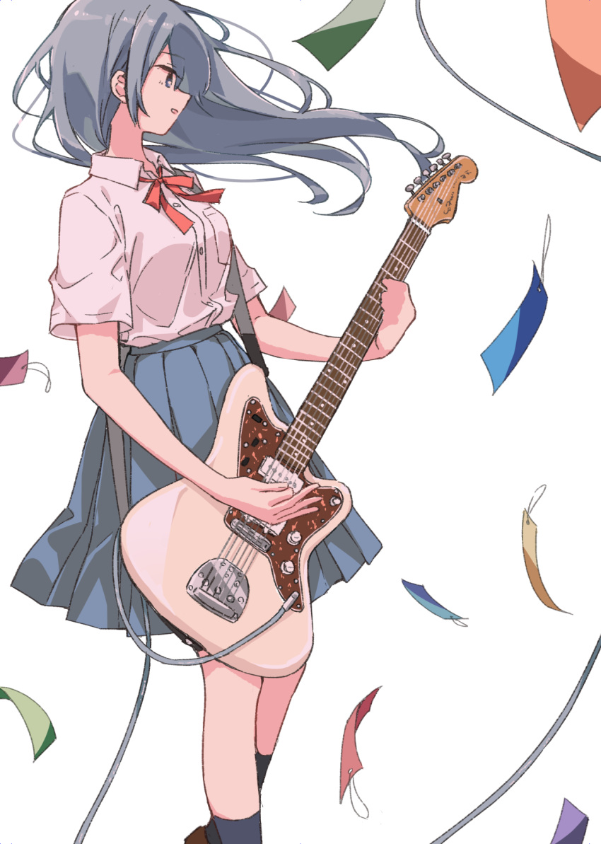 breasts cable collared_shirt electric_guitar grey_eyes grey_hair guitar happy highres instrument long_hair matsuda_hikari medium_breasts neck_ribbon original playing_guitar pleated_skirt price_tag ribbon school_uniform shirt short_sleeves simple_background skirt white_background wind