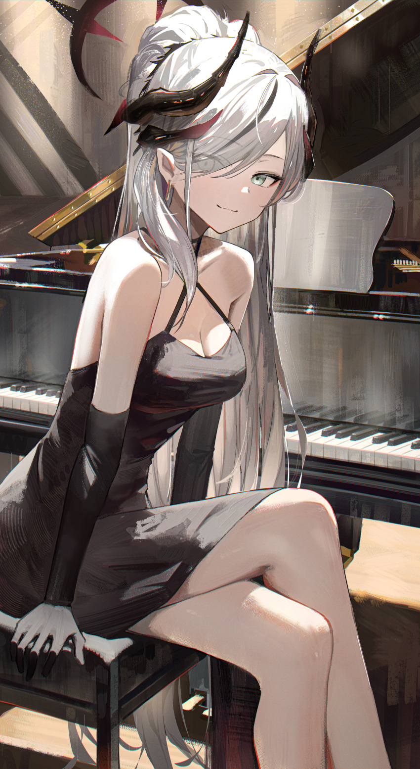 1girl absurdres arm_support bare_legs bare_shoulders black_dress black_gloves blue_archive breasts cleavage collarbone commentary criss-cross_halter crossed_legs demon_horns dress elbow_gloves feet_out_of_frame gloves grand_piano grey_hair hair_over_one_eye halo halterneck hidulume highres horns instrument long_hair looking_at_viewer makoto_(blue_archive) makoto_(dress)_(blue_archive) medium_breasts official_alternate_costume piano pointy_ears ponytail sitting sleeveless sleeveless_dress smile solo very_long_hair