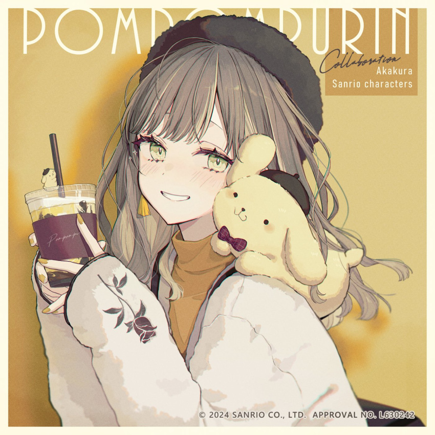 1girl akakura artist_name black_headwear brown_hair character_name coat copyright_notice cup drinking_straw english_text grin highres holding holding_cup long_hair long_sleeves looking_at_viewer parted_lips pompompurin sanrio shirt simple_background smile solo turtleneck upper_body white_coat yellow_background yellow_eyes yellow_nails yellow_shirt