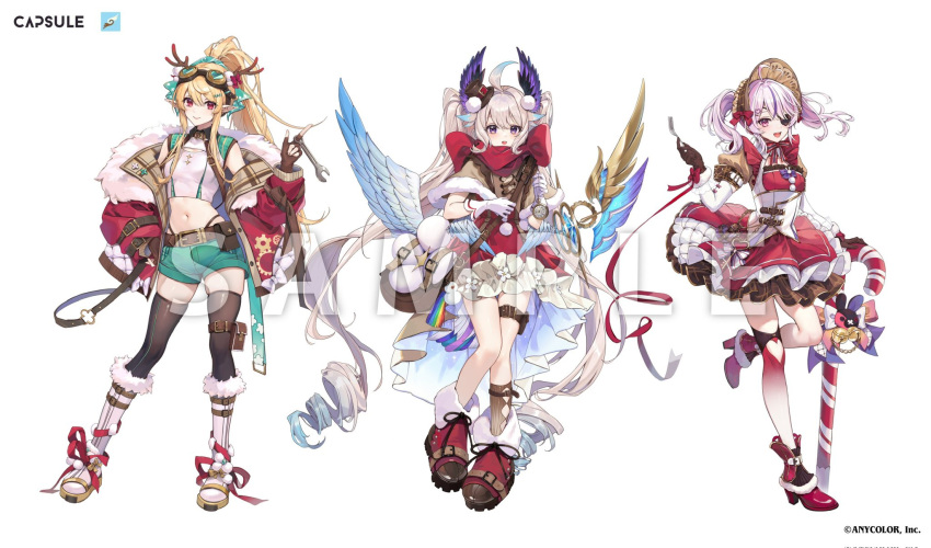 3girls ahoge antlers belt black_gloves black_thighhighs blonde_hair blue_hair bonnet boots brown_belt brown_gloves brown_socks candy candy_cane crop_top deer_antlers dress enna_alouette eyepatch fingerless_gloves food fork gloves goggles gradient_hair gradient_legwear green_shorts head_wings highres horns jacket long_hair low_wings maria_marionette mechanical_wings midriff multicolored_hair multiple_girls nijisanji nijisanji_en official_art open_clothes open_jacket papa_(you_have_today) pink_eyes pink_hair pointy_ears pomu_rainpuff purple_eyes purple_wings red_dress red_eyes red_footwear red_jacket sample_watermark shorts single_sock socks standing standing_on_one_leg thigh_pouch thigh_strap thighhighs twintails very_long_hair watermark white_footwear white_gloves wings