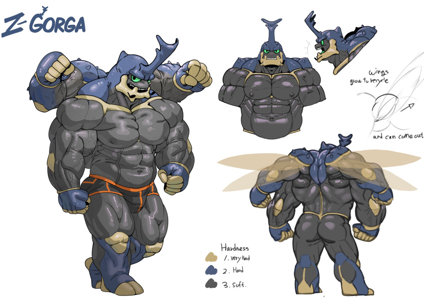 1boy abs absurdres arthropod_boy ass back bara beetle_boy black_male_underwear black_skin blue_gloves blue_skin boxer_briefs bulge carapace clenched_hands colored_sclera colored_skin colored_tongue english_text extra_arms fewer_digits full_body gloves green_sclera green_tongue highres horns insect_wings large_pectorals looking_at_viewer male_focus male_underwear multicolored_skin multiple_views muscular muscular_male nipples open_mouth original pectorals reference_sheet simple_background single_horn soonsky_kumu standing underwear veins walking white_background wings