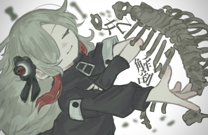 1girl artistic_error asymmetrical_sleeves black_coat black_flower black_gloves blurry blurry_background bone coat commentary faoru_ofuton fingerless_gloves flower gloves grey_hair hair_flower hair_ornament hair_over_one_eye hand_on_own_chest head_back high_collar highres isekai_joucho kamitsubaki_studio long_hair long_sleeves multicolored_hair one_eye_covered otome_kaibou_(vocaloid) outstretched_arm red_hair ribs single_fingerless_glove single_glove skeleton smile solo song_name streaked_hair uneven_sleeves upper_body vignetting virtual_youtuber white_background zipper_pull_tab