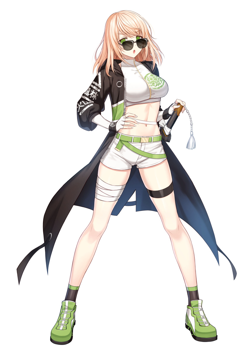 1girl :o absurdres bandages belt black_jacket black_socks blonde_hair breasts closers crop_top elbow_gloves fingerless_gloves full_body gloves green_eyes green_footwear highres hood hood_down hooded_jacket jacket katana large_breasts looking_at_viewer medium_hair midriff navel official_art open_clothes open_jacket shirt shoes short_shorts shorts sleeveless sleeveless_shirt socks solo soma_(closers) standing stomach sunglasses sword tachi-e tassel thigh_strap thighs weapon white_background white_gloves white_shirt white_shorts