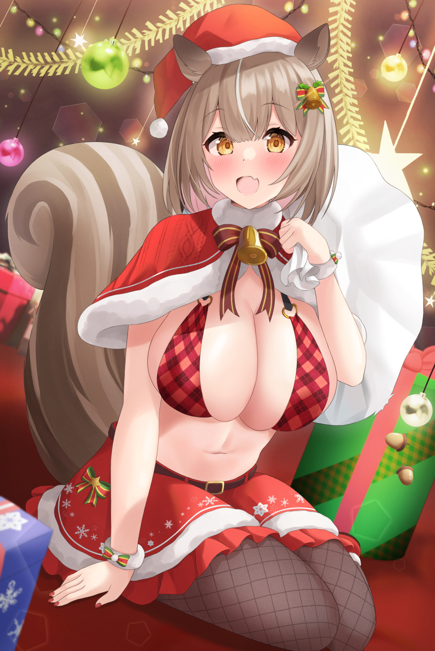 1girl absurdres acorn animal_ears bell belt bikini bikini_top_only blush bow bowtie box breasts brown_belt brown_bow brown_bowtie capelet christmas_lights christmas_ornaments cleavage elegant_(sumisumi4268) fang fishnet_pantyhose fishnets frilled_skirt frills fur-trimmed_capelet fur-trimmed_skirt fur_trim gift gift_box green_bow hair_bell hair_bow hair_ornament hat heart_o-ring highres holding holding_sack large_breasts multicolored_bow multicolored_hair navel neck_bell o-ring o-ring_bikini open_mouth original pantyhose plaid plaid_bikini pom_pom_(clothes) red_bow red_capelet red_headwear red_nails red_skirt sack santa_hat skin_fang skirt solo squirrel_ears squirrel_girl squirrel_tail stomach streaked_hair swimsuit tail tinsel white_hair yellow_eyes