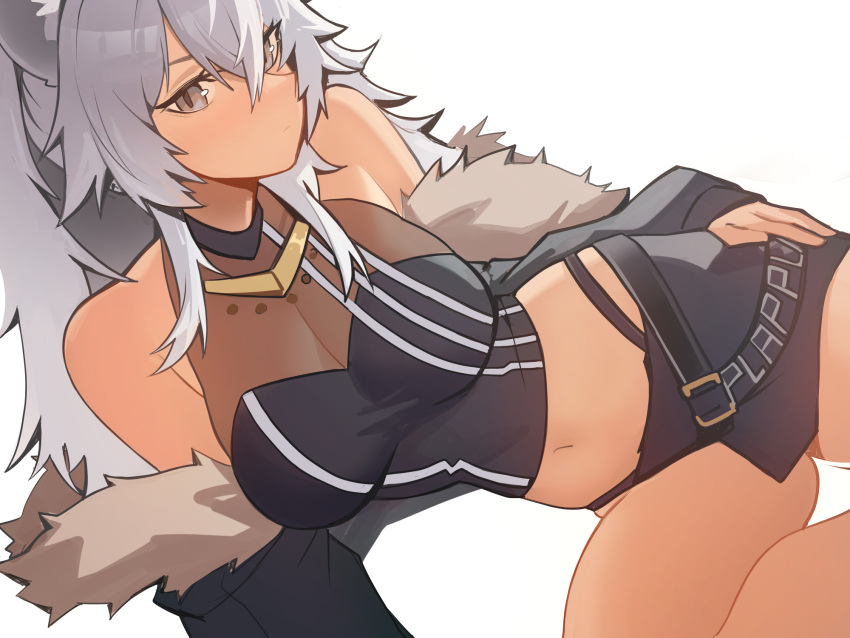 1girl animal_ears bare_shoulders black_jacket black_shirt black_skirt breasts cleavage closed_mouth commentary crop_top distr fur-trimmed_jacket fur_trim grey_eyes grey_hair hair_between_eyes highres hololive jacket large_breasts lion_ears lion_girl looking_at_viewer midriff miniskirt navel off_shoulder panty_straps see-through see-through_cleavage shirt shishiro_botan shishiro_botan_(1st_costume) simple_background skirt sleeveless sleeveless_shirt solo virtual_youtuber white_background