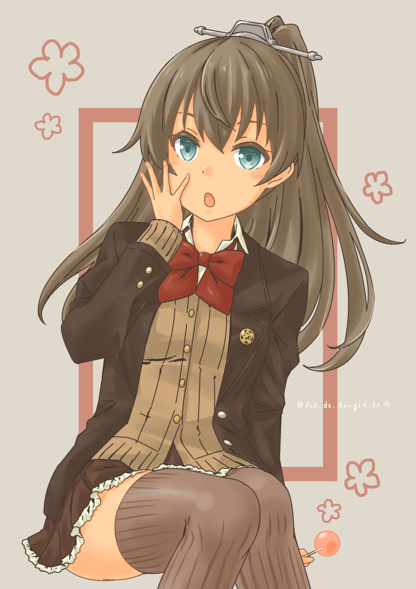 1girl absurdres blazer bow bowtie brown_hair brown_jacket brown_skirt cardigan commentary_request frilled_skirt frills green_eyes grey_background hand_on_own_face highres jacket kantai_collection kumano_(kancolle) kumano_kai_ni_(kancolle) long_hair pot-de red_bow red_bowtie ribbed_thighhighs school_uniform simple_background sitting skirt solo