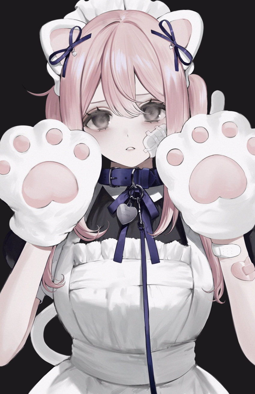 1girl animal_ears animal_hands apron bandaid bandaid_on_arm belt belt_buckle belt_collar black_background black_dress bocchi_the_rock! buckle cat_day cat_ears cat_tail collar commentary dress ear_ribbon fake_animal_ears frilled_apron frills gauze gauze_on_cheek gloves gotoh_hitori grey_eyes hair_between_eyes hair_intakes hands_up highres leash long_hair looking_at_viewer maid maid_apron maid_headdress neck_ribbon no_pupils parted_lips paw_gloves pink_hair puffy_short_sleeves puffy_sleeves purple_belt purple_collar purple_ribbon ribbon sash short_sleeves sidelocks solo tail tail_raised two_side_up upper_body white_apron white_sash white_tail youichi_(45_01)