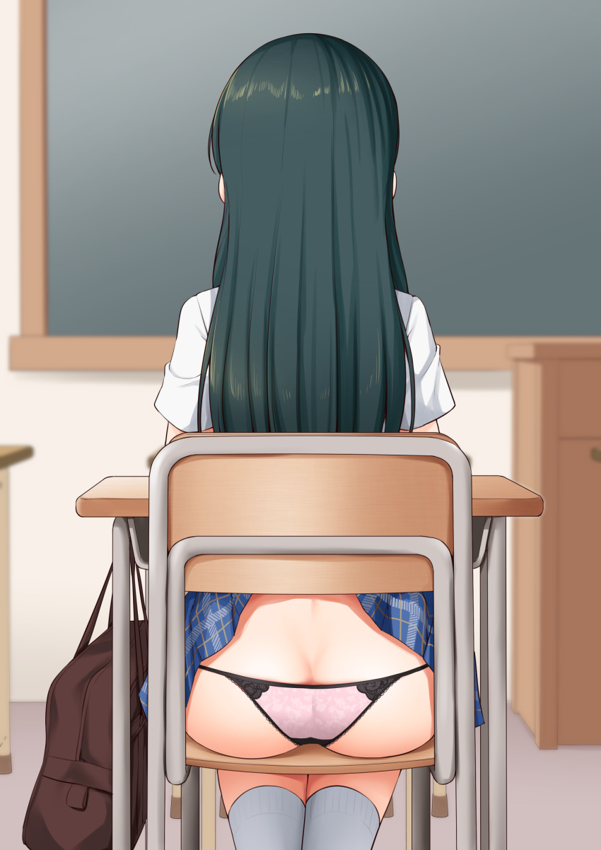 1girl accidental_exposure ass bag blue_skirt blurry blurry_background butt_crack chair chalkboard classroom clothes_lift commission depth_of_field desk facing_away floral_print from_behind green_hair highres hisakabe_oto idolmaster idolmaster_cinderella_girls kneehighs lace-trimmed_panties lace_trim long_hair ohishi_izumi panties pantyshot pink_panties school_chair school_desk shirt sitting skeb_commission skirt skirt_caught_on_object skirt_lift socks solo straight_hair underwear variant_set very_long_hair white_shirt white_socks