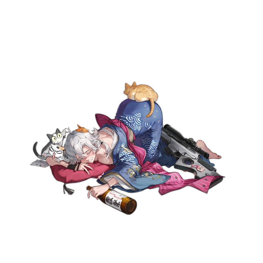 &lt;|&gt;_&lt;|&gt; 1girl all_fours animal_on_ass ass barefoot black_choker black_gloves blue_kimono blush bottle breasts cat chest_sarashi choker cleavage closed_eyes drunk facial_tattoo feet fingerless_gloves floral_print_kimono food food_on_head fruit fruit_on_head full_body girls'_frontline gloves h&amp;k_sl8 hair_between_eyes hair_over_shoulder highres holding holding_bottle imoko_(imonatsuki) japanese_clothes kimono large_breasts lightning_bolt_symbol long_sleeves mandarin_orange medium_hair obi object_on_head off_shoulder official_alternate_costume official_art omamori orange_peel pillow pink_petals pink_sash purple_kimono sake_bottle sarashi sash scope sharp_teeth simple_background single_glove sl8_(blue_snow_under_you)_(girls'_frontline) sl8_(girls'_frontline) sleeping smile solo tattoo teeth third-party_source transparent_background two-tone_kimono v white_cat white_hair wide_oval_eyes wide_sleeves