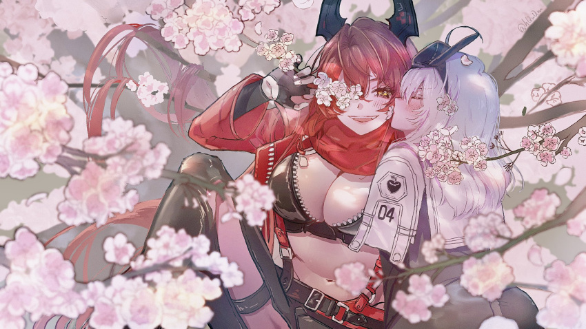 black_gloves blush breasts cleavage cloak cropped_jacket fingerless_gloves gloves goddess_of_victory:_nikke hair_between_eyes head-mounted_display highres hip_vent horns jacket large_breasts leather leather_pants long_hair long_sleeves mechanical_horns multiple_girls mutsui open_mouth pants red_hair red_hood_(nikke) red_scarf scarf smile snow_white:_innocent_days_(nikke) snow_white_(nikke) unzipped visor_lift white_cloak white_hair yellow_eyes