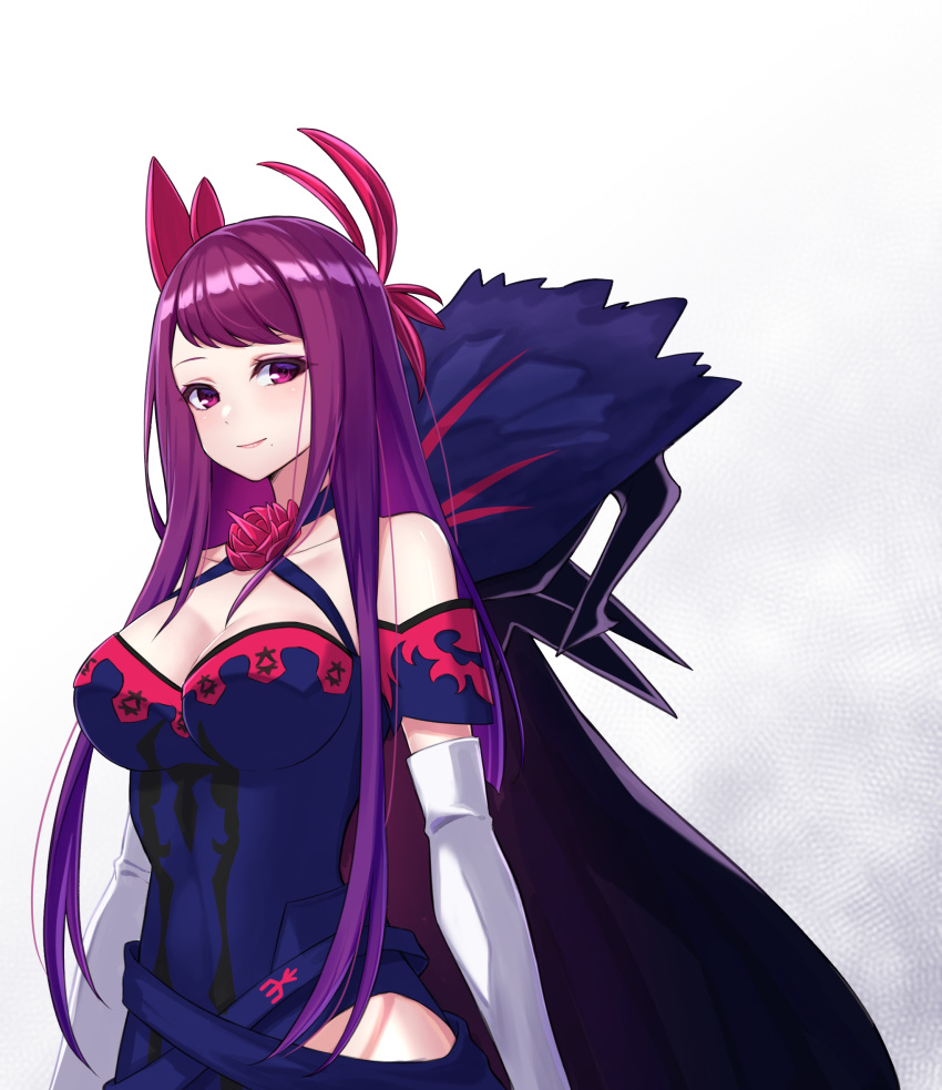 1girl bare_shoulders blue_dress breasts cleavage collarbone dress elbow_gloves fire_emblem fire_emblem_engage gloves highres ivy_(fire_emblem) large_breasts long_hair looking_at_viewer purple_eyes purple_hair shinae short_sleeves smile solo upper_body very_long_hair white_gloves