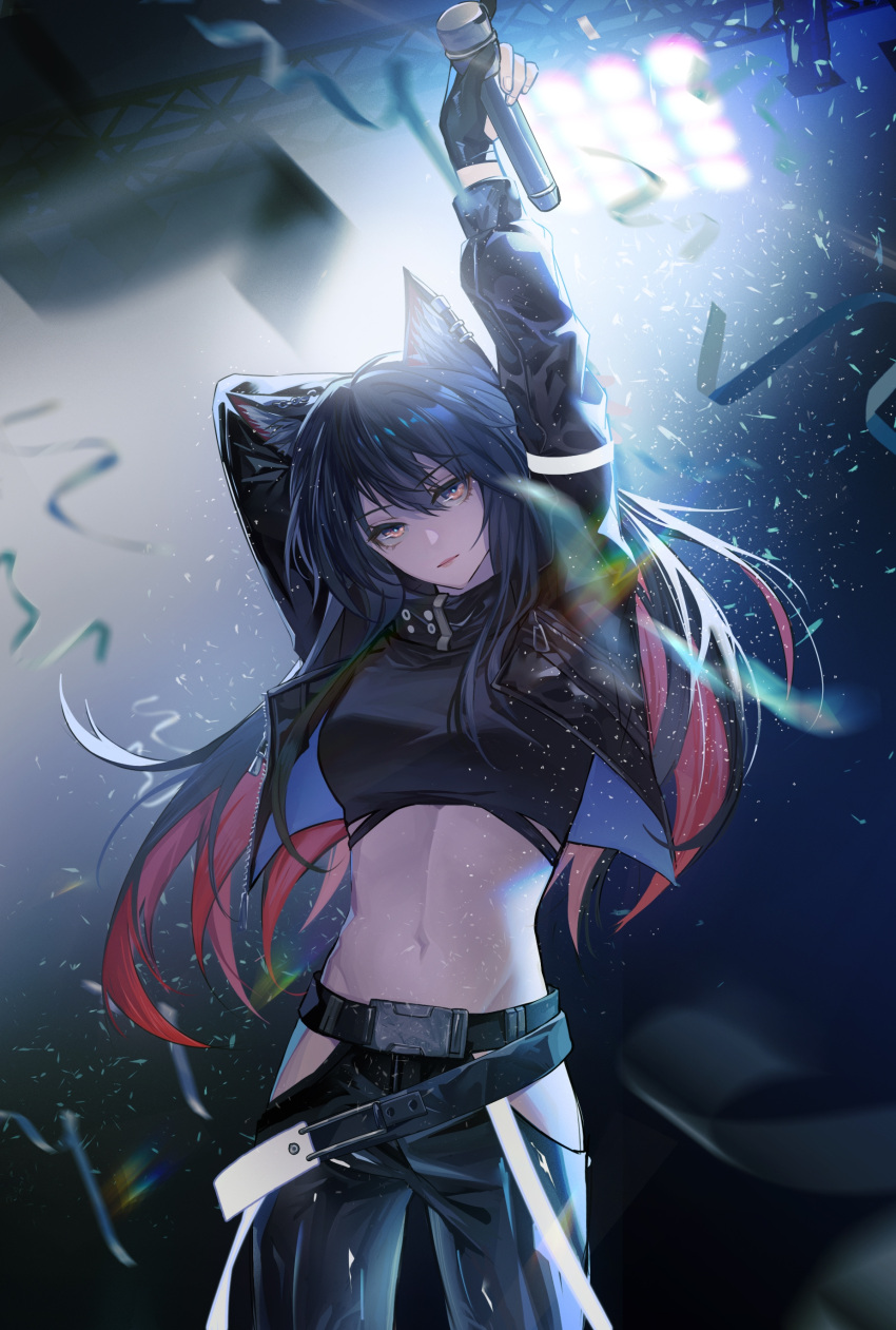 1girl absurdres ambience_synesthesia animal_ears arknights arms_up black_hair black_pants black_shirt brown_eyes commentary_request crop_top head_tilt highres hip_vent holding holding_microphone long_hair looking_at_viewer microphone midriff navel official_alternate_costume pants revision shirt shisangeashi solo stomach texas_(arknights) very_long_hair wolf_ears