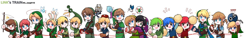 1girl 6+boys ? ?? absurdres animal_ear_hood animal_ears apple arms_up belt belt_bag belt_buckle black_eyes blonde_hair blue_cape blue_eyes blue_hair blue_shirt blue_sleeves brown_bag brown_belt brown_gloves brown_hair brown_shirt brown_sleeves buckle cape chain chain_chomp character_name chest_belt commentary_request creature eating english_text ezlo fairy fingerless_gloves flag food fruit g_jang8110 gloves green_headwear green_shirt green_tunic height_difference highres holding holding_creature holding_flag holding_funnel holding_pom_poms hood hug korean_commentary lineup link long_sleeves male_focus mario_(series) midna motion_lines multiple_boys navi notice_lines open_mouth orange_hair pointy_ears pointy_hat pom_pom_(cheerleading) rabbit-ear_hood rabbit_ears red_hair red_headwear red_shirt red_sleeves red_tunic sharp_teeth shirt short_hair_with_long_locks short_ponytail simple_background smile speech_bubble string string_of_fate sword sword_on_back tatl teeth the_legend_of_zelda the_legend_of_zelda:_a_link_to_the_past the_legend_of_zelda:_breath_of_the_wild the_legend_of_zelda:_four_swords the_legend_of_zelda:_majora's_mask the_legend_of_zelda:_ocarina_of_time the_legend_of_zelda:_oracle_of_ages the_legend_of_zelda:_oracle_of_seasons the_legend_of_zelda:_skyward_sword the_legend_of_zelda:_spirit_tracks the_legend_of_zelda:_the_minish_cap the_legend_of_zelda:_the_wind_waker the_legend_of_zelda:_twilight_princess the_legend_of_zelda_(nes) time_paradox toon_link twitter_username upper_body weapon weapon_on_back white_background white_shirt wide_image young_link zelda_ii:_the_adventure_of_link