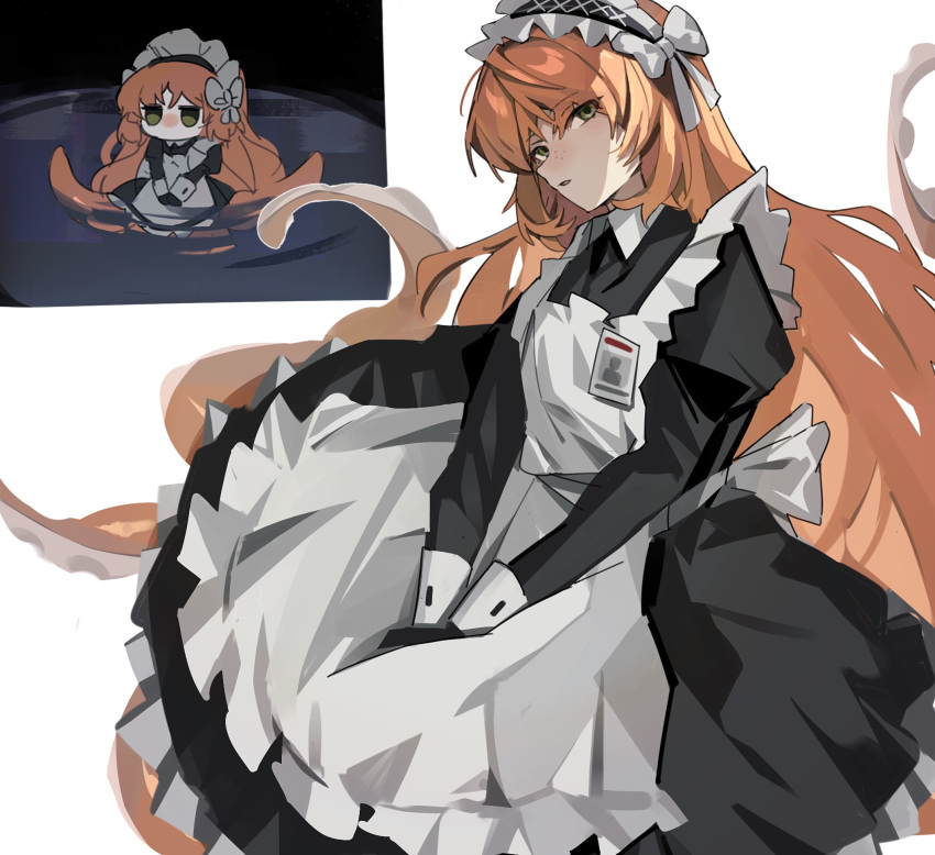 1girl alternate_costume apron back_bow black_dress black_hairband bow chibi dress enmaided freckles frilled_apron frilled_hairband frills full_body green_eyes hair_bow hairband highres id_card ishmael_(project_moon) juliet_sleeves limbus_company long_hair long_sleeves looking_at_viewer maid maid_apron maid_headdress monster_girl mu46016419 multiple_views orange_hair parted_lips partially_submerged project_moon puffy_sleeves ripples scylla simple_background sleeve_cuffs suction_cups tentacles v_arms very_long_hair white_apron white_background white_bow