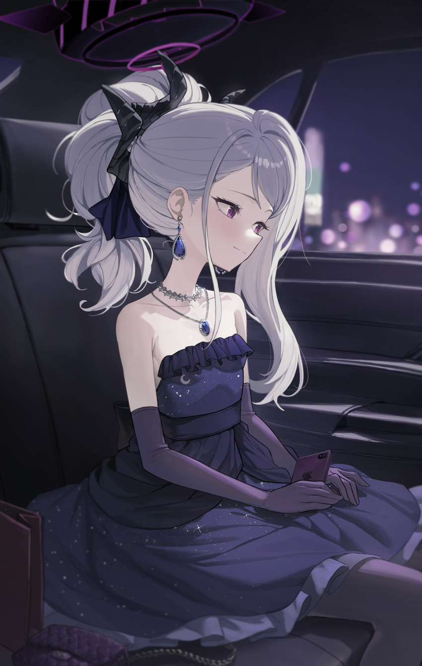 1girl absurdres asymmetrical_sidelocks bare_shoulders blue_archive blurry blush bokeh car_interior cellphone collarbone demon_horns depth_of_field dress feet_out_of_frame gloves goeleu grey_hair halo highres hina_(blue_archive) hina_(dress)_(blue_archive) holding holding_phone horns light_smile multiple_horns official_alternate_costume phone ponytail purple_dress purple_eyes purple_gloves sitting solo strapless strapless_dress