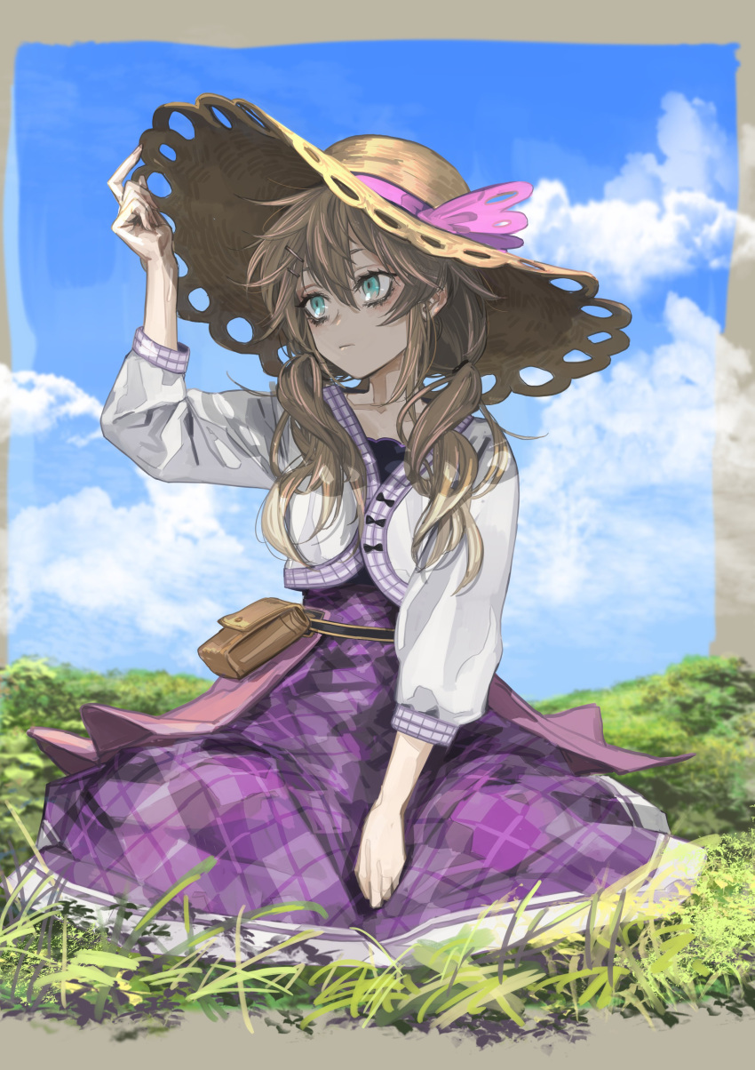 1girl absurdres argyle argyle_dress arm_between_legs arm_up belt belt_pouch black_belt blue_eyes blue_sky border brown_border brown_hair cardigan circle_skirt closed_mouth dress expressionless hair_ornament hair_over_shoulder hairclip hand_on_headwear hat highres ikuhana_niiro index_finger_raised indie_virtual_youtuber kasukabe_tsukushi long_sleeves looking_to_the_side low_twintails on_grass outdoors overskirt pink_skirt pouch purple_dress shade sitting skirt sky solo straw_hat sun_hat twintails virtual_youtuber wavy_hair white_cardigan