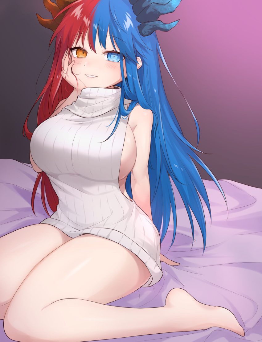 1girl absurdres artist_402901 barefoot bed blue_eyes blue_hair blush bottomless breasts bright_pupils dragon_girl dragon_horns feet heterochromia highres horns inferna_dragnis large_breasts long_hair looking_at_viewer meme_attire monster_girl multicolored_hair non-web_source orange_eyes original pale_skin red_hair sitting sleeveless smile solo split-color_hair sweater symbol-shaped_pupils thick_thighs thighs two-tone_hair virgin_killer_sweater wariza white_pupils white_sweater