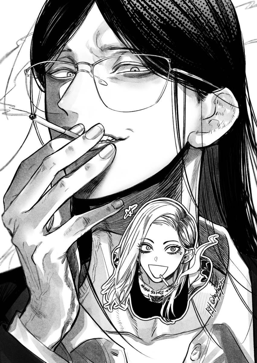 +++ 2girls bags_under_eyes bare_shoulders character_sticker chest_tattoo cigarette claire_(jimoto_saikou) commentary_request evil_smile facial_tattoo glasses greyscale hair_behind_ear half-closed_eyes hand_to_own_mouth hand_up highres holding holding_cigarette jimoto_saikou long_hair looking_at_viewer monochrome multiple_girls nara-san_(jimoto_saikou) open_mouth portrait ryuuhei shoulder_tattoo simple_background smile smoke_trail smoking solo_focus tank_top tattoo