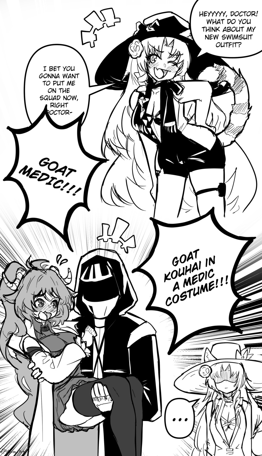 ... 1other 2girls absurdres ahoge arknights breasts carrying cleavage collared_shirt doctor_(arknights) dress embarrassed english_commentary english_text eyjafjalla_(arknights) eyjafjalla_the_hvit_aska_(arknights) feet_out_of_frame hat highres horns long_hair monochrome multiple_girls nhim open_mouth princess_carry shirt speech_bubble standing swire_(arknights) swire_the_elegant_wit_(arknights) tail thighhighs tiger_girl upper_body very_long_hair