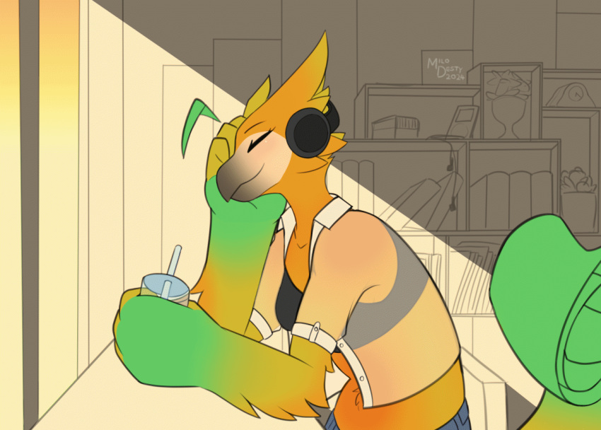 animated anthro avian beverage bird bubble_tea chilling clothed clothing female lo-fi loop mango_(milodesty) milodesty no_sound solo