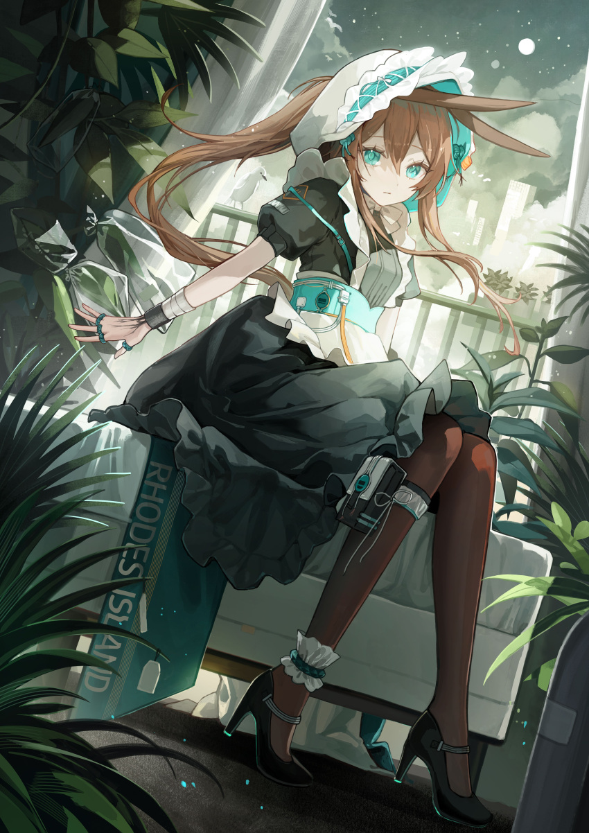 1girl absurdres alternate_costume amiya_(arknights) animal_ears ankle_garter arknights black_dress black_footwear blue_eyes brown_hair brown_pantyhose commentary_request dress dutch_angle enmaided full_body happyongdal high_heels highres infection_monitor_(arknights) jewelry korean_commentary long_hair looking_at_viewer maid maid_headdress multiple_rings pantyhose puffy_short_sleeves puffy_sleeves rabbit_ears rabbit_girl ring short_sleeves sitting solo