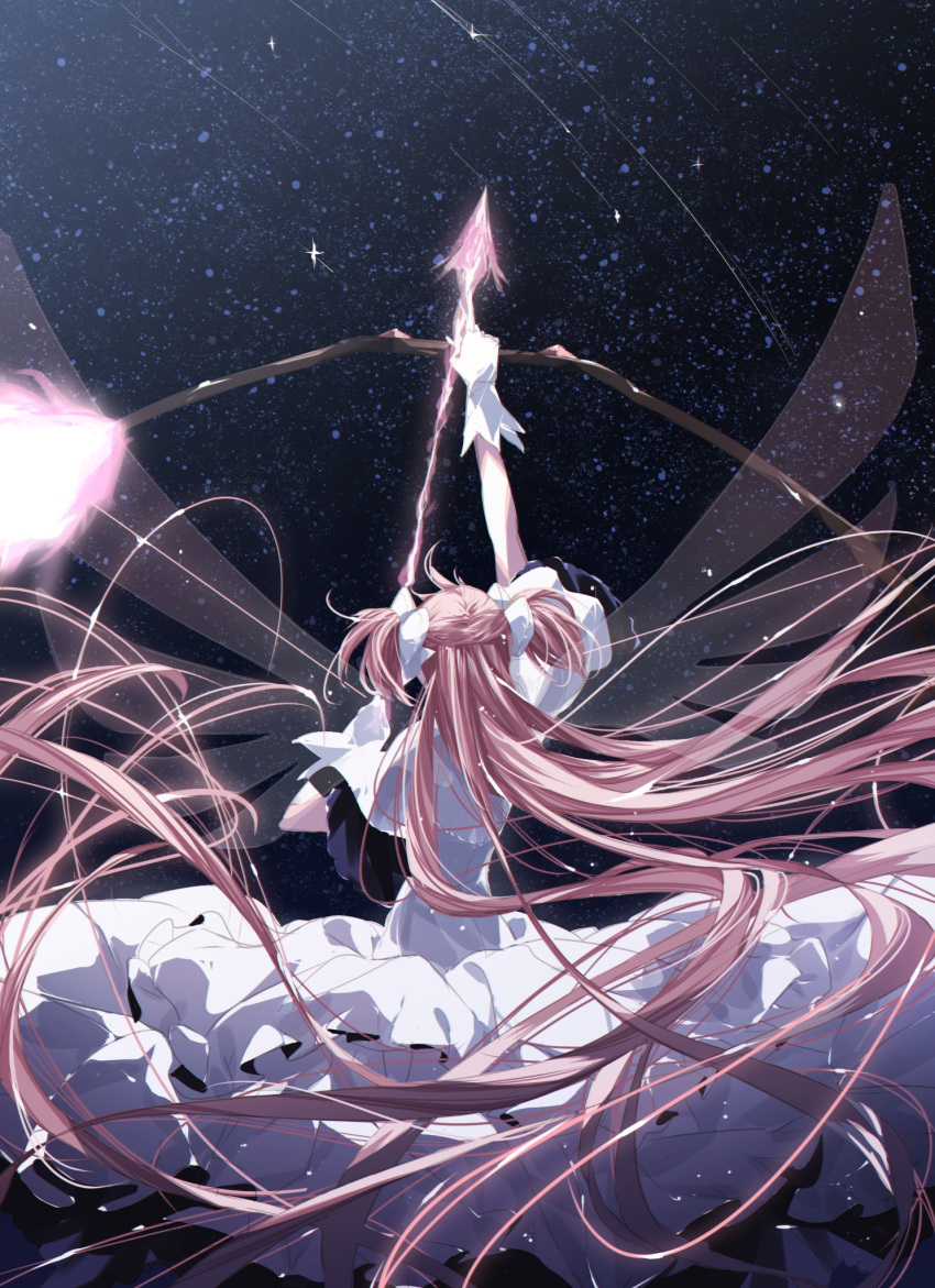 1girl arrow_(projectile) back_turned bow comet dress gloves hair_bow highres holding holding_arrow kaname_madoka long_hair mahou_shoujo_madoka_magica mahou_shoujo_madoka_magica:_hangyaku_no_monogatari misteor night night_sky pink_hair sky solo star_(sky) ultimate_madoka very_long_hair white_dress white_gloves