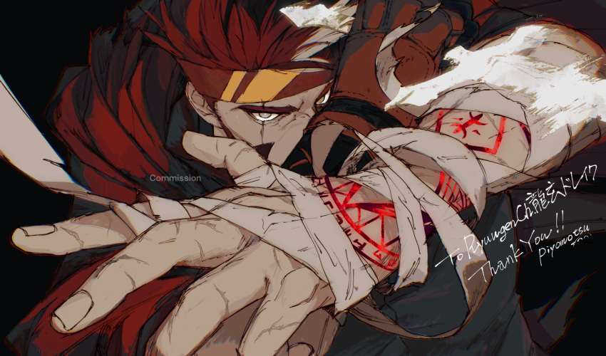 1boy bandaged_arm bandages black_shirt body_markings brown_gloves cape commission english_text facial_hair gloves hand_focus highres indie_virtual_youtuber looking_at_viewer loose_bandages male_focus multicolored_hair piyomotsu red_cape red_hair ryuugen_drake scar scar_across_eye scar_on_face shirt short_hair single_glove solo two-tone_hair virtual_youtuber white_hair