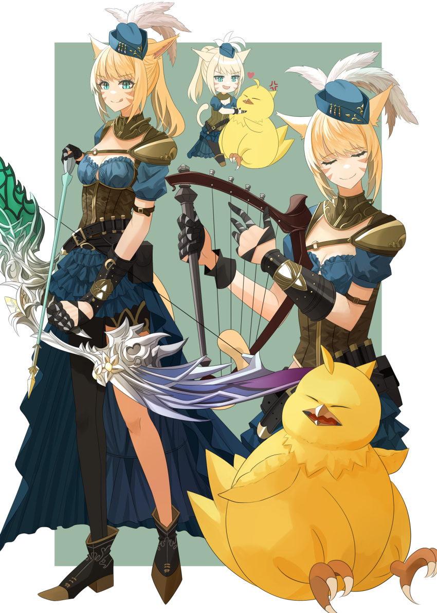 1girl anger_vein animal_ears animal_hug asymmetrical_legwear bard_(final_fantasy) belt belt_pouch black_footwear black_thighhighs blonde_hair blue_dress blue_hair blue_skirt boots bow_(weapon) breasts brown_corset cat_ears cat_tail chibi closed_eyes closed_mouth corset dress fat_chocobo final_fantasy final_fantasy_xiv finger_wrap frilled_skirt frills full_body gloves half_gloves hat heart highres holding holding_bow_(weapon) holding_harp holding_weapon instrument licking_lips long_bangs mini_hat miqo'te music ojiki open_mouth platform_boots platform_footwear playing_instrument pointy_footwear ponytail pouch short_hair shoulder_pads simple_background skirt small_breasts smile tail thighhighs tongue tongue_out warrior_of_light_(ff14) weapon
