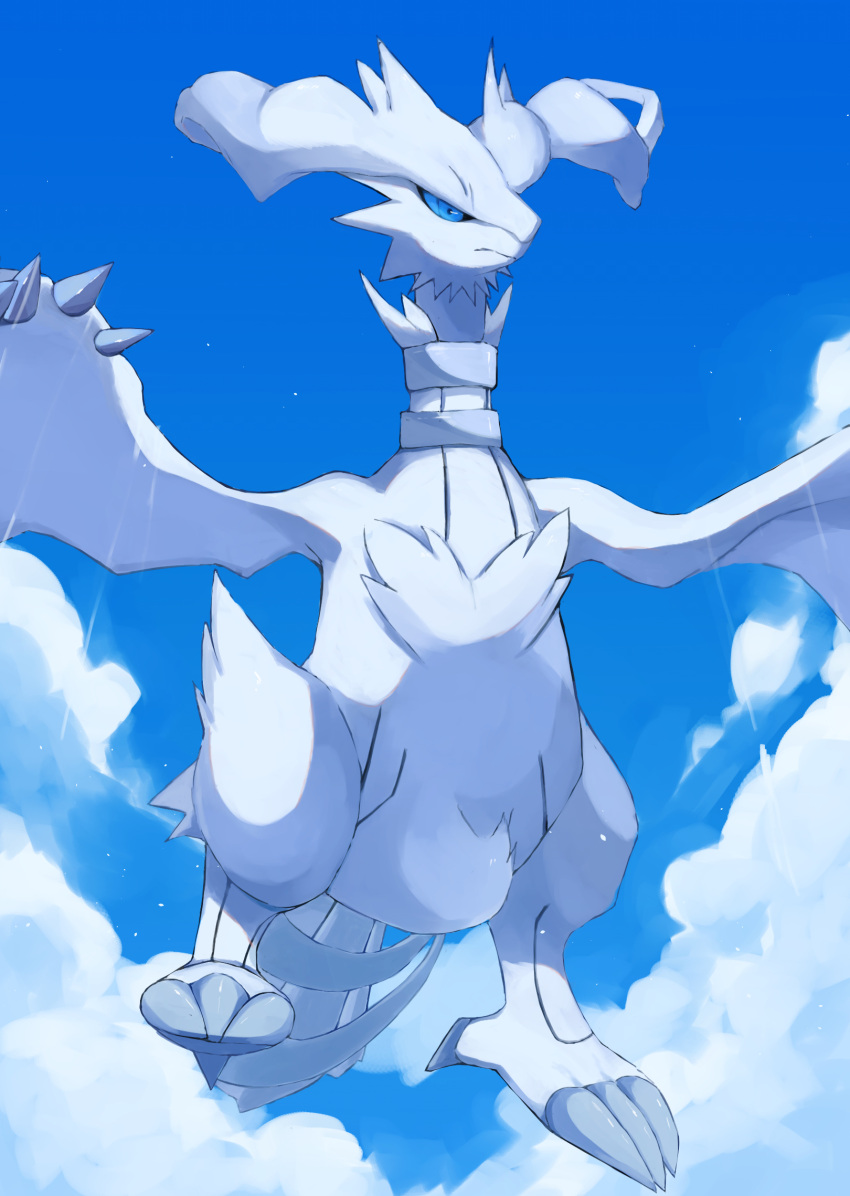 blue_eyes claws closed_mouth cloud commentary day frown highres kou11021301 looking_down no_humans outdoors pokemon pokemon_(creature) reshiram solo symbol-only_commentary white_fur