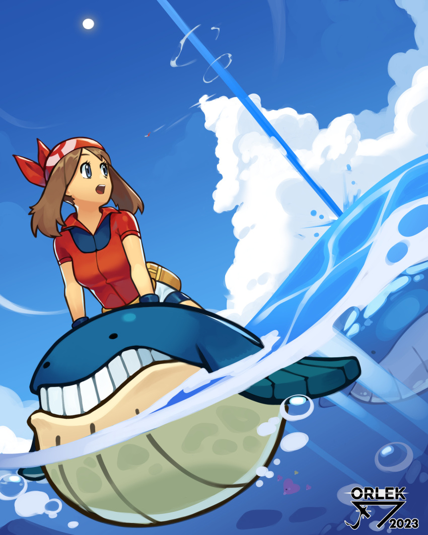 1girl absurdres artist_name bandana blue_sky brown_hair cloud fanny_pack highres looking_to_the_side luvdisc may_(pokemon) open_mouth orlek pokemon pokemon_(creature) pokemon_rse red_bandana red_shirt shirt short_sleeves sky surf_(pokemon) teeth upper_teeth_only wailmer wailord water waterspout