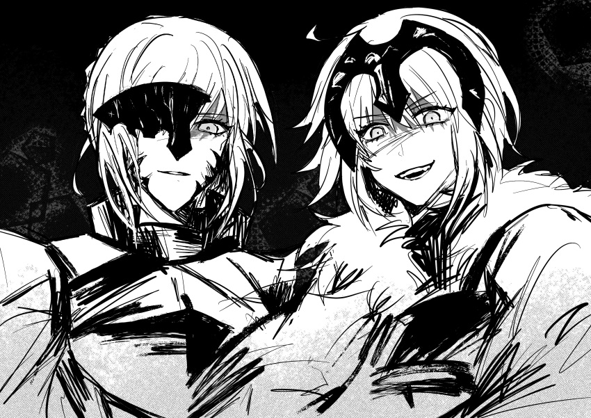 2girls absurdres armor artoria_pendragon_(fate) broken_mask dark_background evil_grin evil_smile fate/grand_order fate_(series) fur_trim greyscale grin headpiece highres jeanne_d'arc_alter_(avenger)_(fate) jeanne_d'arc_alter_(fate) looking_at_viewer mask monochrome multiple_girls parted_lips portrait saber_alter sketch smile yin_(yin_ya)