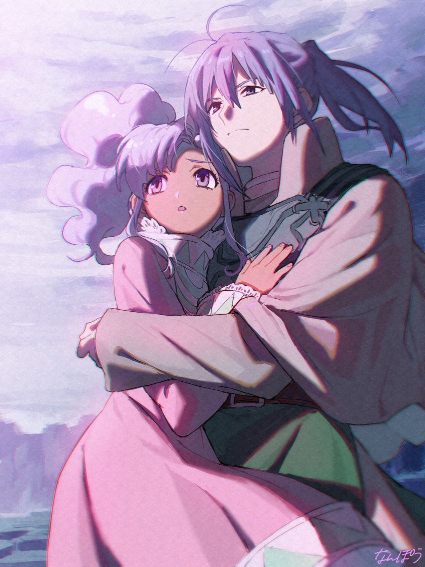 1boy 1girl blue_eyes blue_hair closed_mouth cloud dark-skinned_female dark_skin dress highres keele_zeibel long_hair meredy_(tales) nanpou_(nanpou0021) open_mouth purple_eyes purple_hair signature tales_of_(series) tales_of_eternia twintails