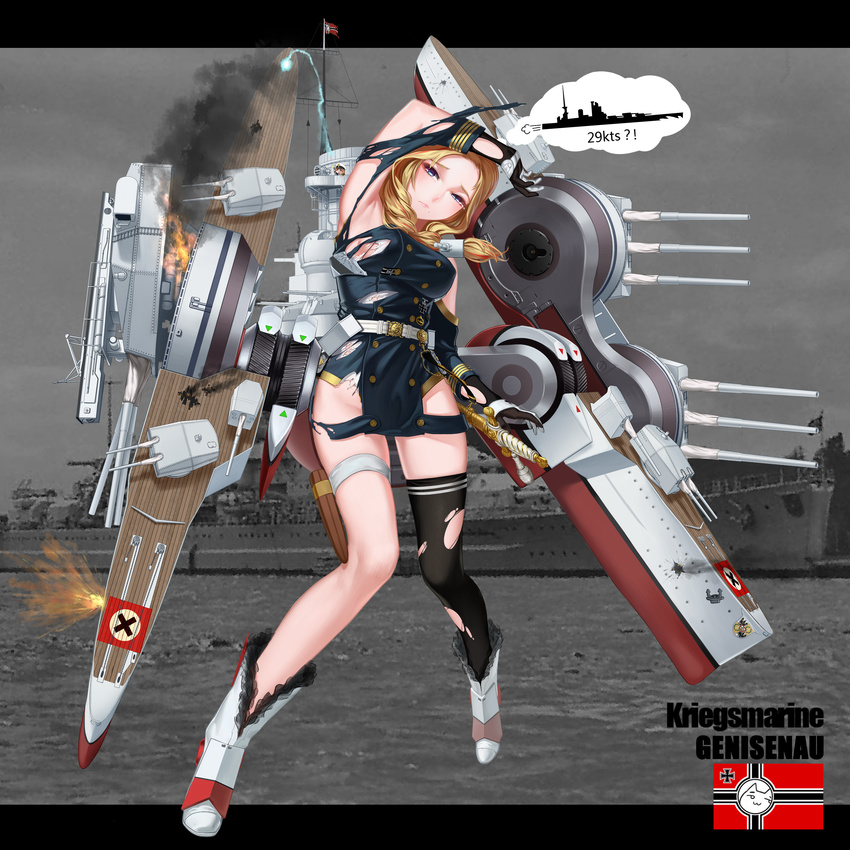 absurdres arm_over_head armpits black_legwear blonde_hair blue_eyes boots bra bra_slip breasts cannon character_name commentary_request explosion fire flare flare_gun full_body gloves gneisenau gneisenau_(zhan_jian_shao_nyu) highres large_breasts machinery military military_uniform military_vehicle minigirl nazi_war_ensign official_art photo_background rail_(silverbow) rebellion_army_flag rigging rodney_(battleship) rudder_shoes scabbard scharnhorst_(zhan_jian_shao_nyu) sheath sheathed ship shirt silhouette single_thighhigh smoke solo sword tears text_focus thigh_strap thighhighs thought_bubble torn_clothes torn_legwear torn_shirt turret underwear uniform watercraft weapon white_bra zhan_jian_shao_nyu