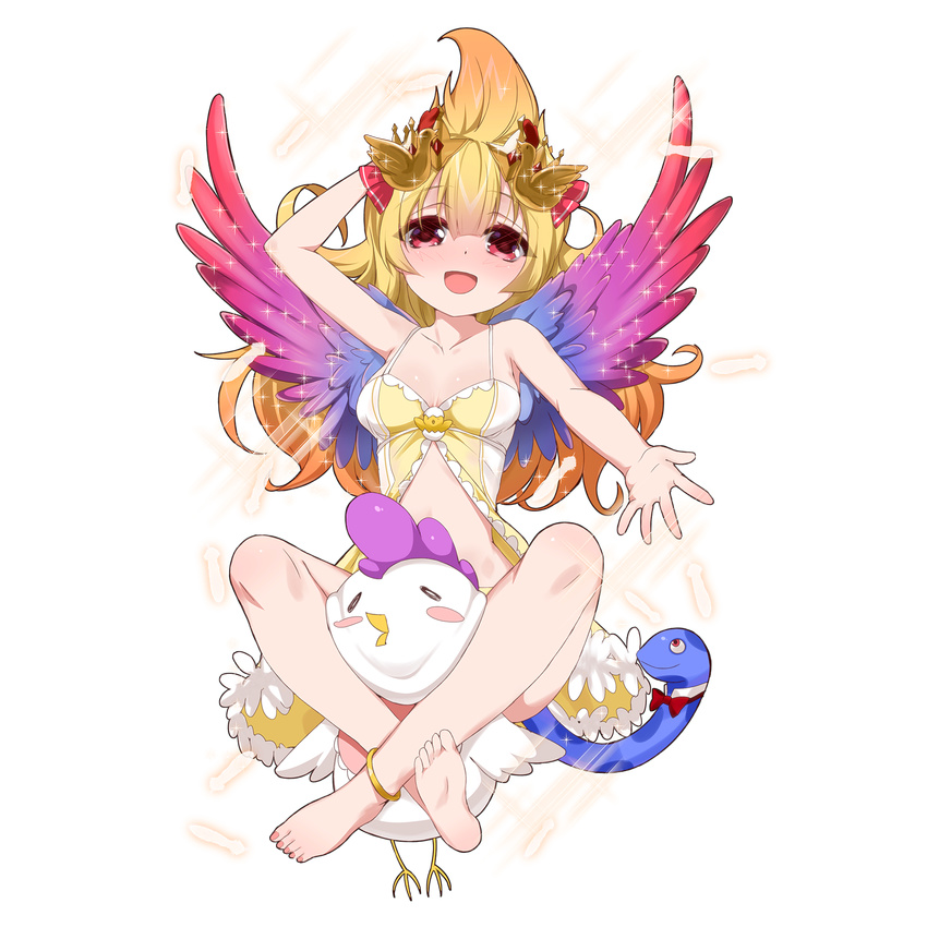 :d anklet arm_up babydoll barefoot bird blonde_hair character_request chicken feathers feet full_body gradient_hair hand_behind_head highres indian_style jewelry kusaka_souji leg_lock looking_at_viewer multicolored_hair official_art open_mouth orange_hair outstretched_arm outstretched_hand red_eyes sitting smile snake soles solo spaghetti_strap sparkle tail transparent_background uchi_no_hime-sama_ga_ichiban_kawaii wings