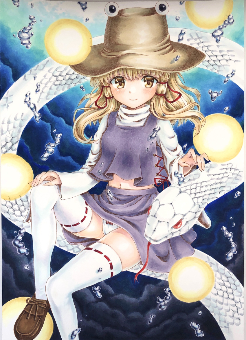 1girl absurdres blonde_hair blue_background brown_footwear brown_headwear closed_mouth foot_out_of_frame hair_ribbon hat highres light_smile long_sleeves looking_at_viewer making-of_available marker_(medium) medium_hair mikeko_(user_zntg7852) moriya_suwako panties purple_skirt purple_vest pyonta red_ribbon ribbon ribbon-trimmed_thighhighs shirt skirt snake thighhighs touhou traditional_media underwear vest white_panties white_shirt white_snake white_thighhighs yellow_eyes