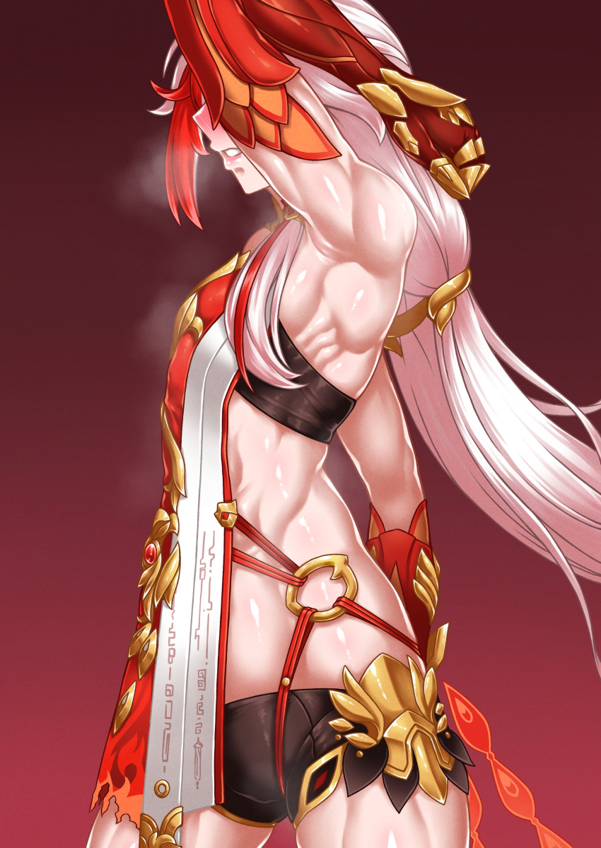 1girl abs absurdres arm_up bare_shoulders breasts claws detached_sleeves elbow_gloves fu_hua fu_hua_(fenghuang_of_vicissitude) gloves gunsou highres honkai_(series) honkai_impact_3rd long_hair multicolored_hair muscular muscular_female red_background red_gloves simple_background small_breasts solo streaked_hair stretching sweat very_long_hair white_hair