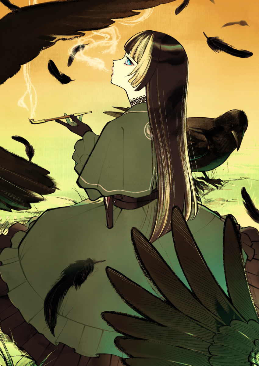 1girl absurdres animal bird black_gloves black_hair blonde_hair blowing_smoke blue_eyes blunt_bangs capelet crow dress eyeliner feathers from_behind gloves green_capelet green_dress green_gloves hand_up highres hime_cut holding holding_smoking_pipe hololive hololive_dev_is jitome juufuutei_raden lace_trim lighter lipstick long_hair long_sleeves looking_at_viewer mada_tetsukazu makeup motion_blur multicolored_hair on_ground open_mouth sash sidelocks sitting smoking smoking_pipe straight_hair streaked_hair two-tone_gloves two-tone_hair virtual_youtuber