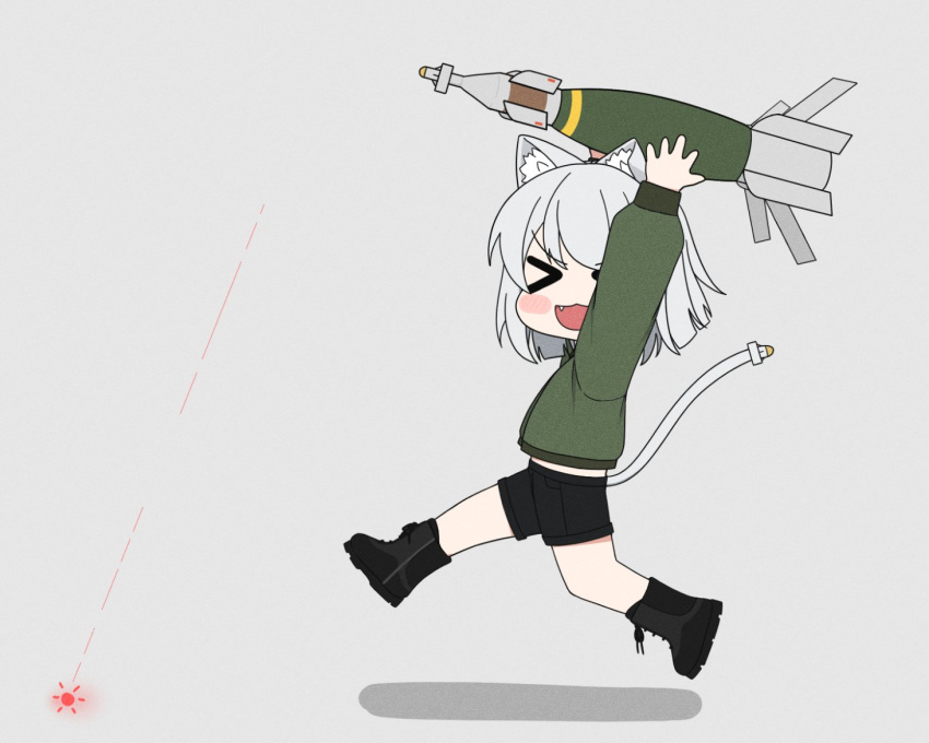 &gt;_&lt; 1girl animal_ear_fluff arms_up atamonica black_footwear black_shorts bomb cat_girl check_weapon closed_eyes explosive fang gbu-12_paveway_ii green_shirt grey_background grey_hair holding holding_bomb laser_pointer looking_to_the_side open_mouth original running shadow shirt shorts simple_background solo tail