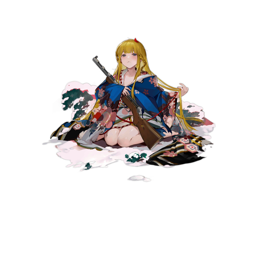 1girl bare_legs barefoot blonde_hair blue_eyes blue_kimono blunt_bangs blush braid branch closed_mouth floral_print floral_print_kimono foliage frown full_body girls'_frontline gun highres holding holding_gun holding_weapon japanese_clothes kimono long_hair long_sleeves looking_at_viewer official_alternate_costume official_art ppd-40 ppd-40_(girls'_frontline) ppd-40_(tranquil_mountain_in_the_gloom)_(girls'_frontline) print_kimono shuaigegentou simple_background sitting sleeves_past_wrists snow solo third-party_source torn_clothes torn_kimono transparent_background twin_braids very_long_hair wariza weapon wide_sleeves